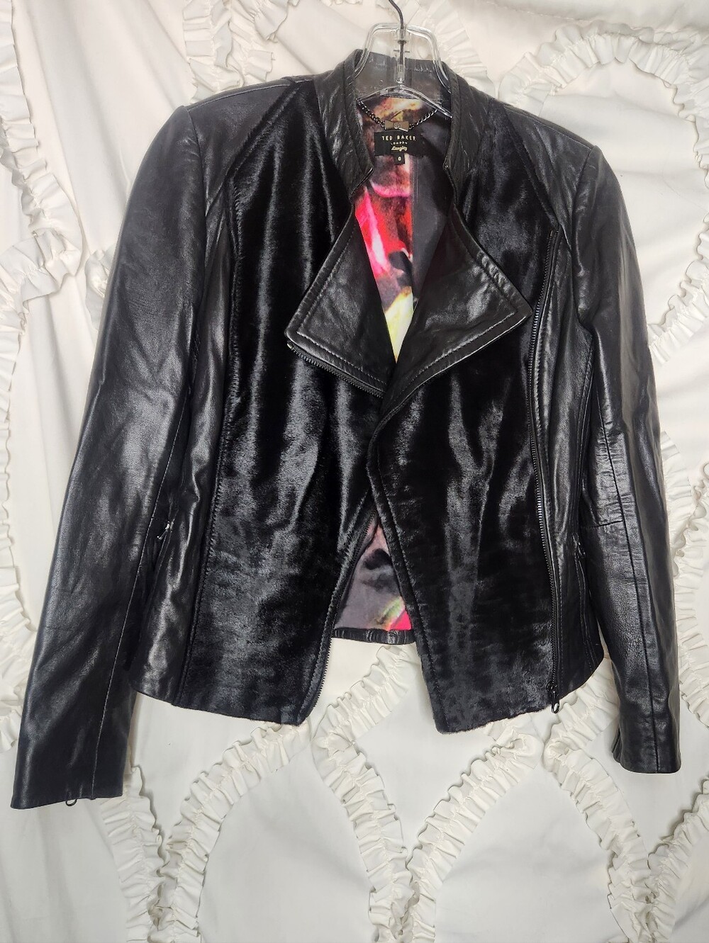 Ted Baker Genuine Cow Hair Panel Asymmetrical Leather Zip Up Jacket Sz 0